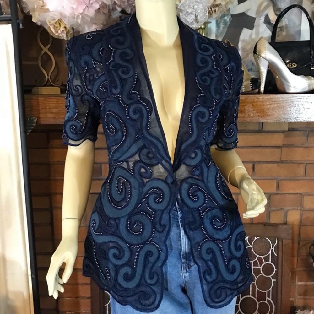 VINTAGE 1990'S ORLANDO ROSSI NAVY BLUE BEADED CRINOLINE MESH BLAZER (6)